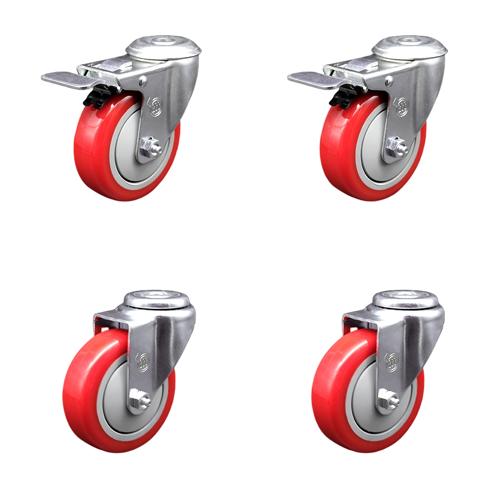 Stainless Steel Polyurethane Swivel Bolt Hole Caster Set of 4 w/4" x 1.25"  Red Wheels - Includes 2 with Total Locking Brakes - 1400 lbs Total Capacity - Service Caster Brand — photo 1