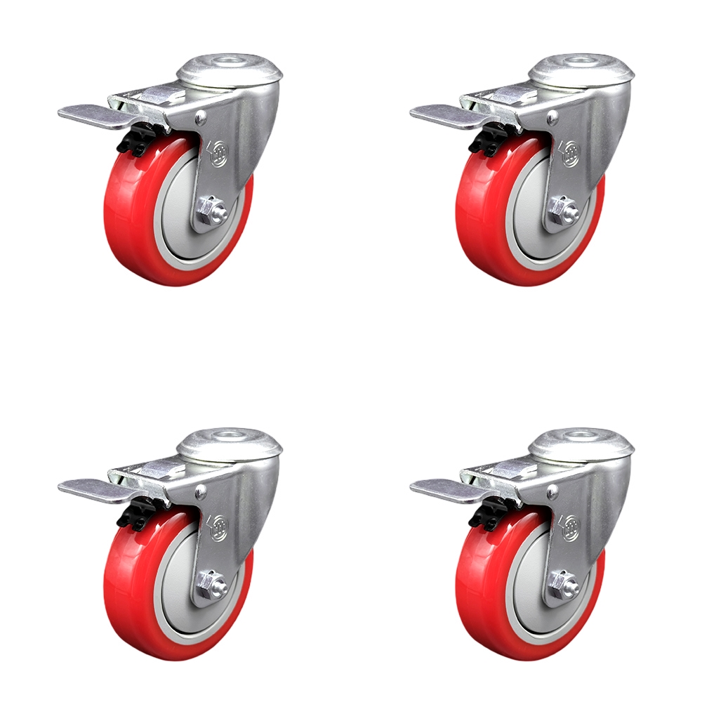 Stainless Steel Polyurethane Swivel Bolt Hole Caster Set of 4 w/4" x 1.25" Red Wheels - Includes 4 Swivel with Total Lock Brakes - 1400 lbs Total Capacity - Service Caster Brand — photo 1