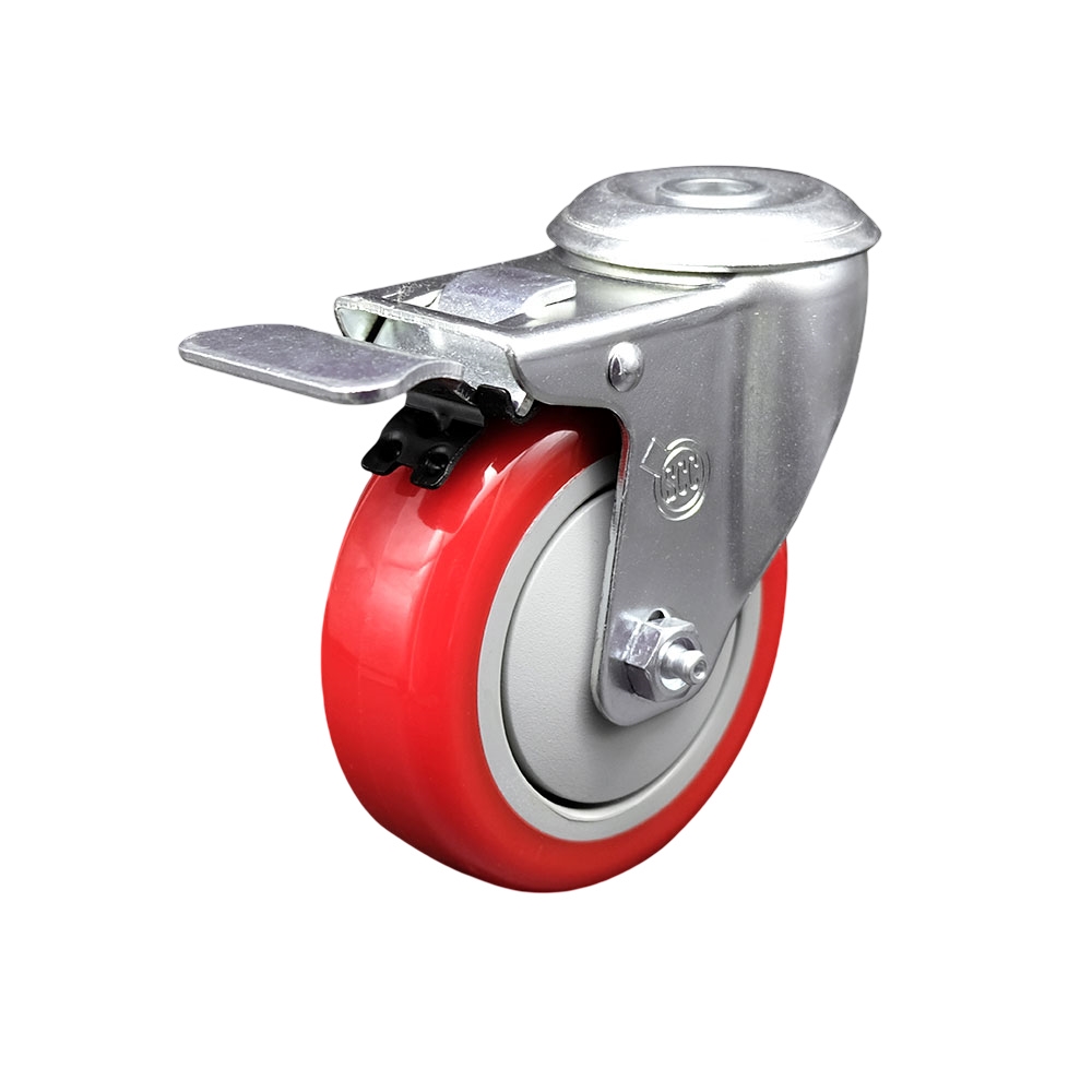 Stainless Steel Polyurethane Swivel Bolt Hole Caster w/4" x 1.25"  Red Wheel & Total Locking Brake - 350 lbs Capacity/Caster - Service Caster Brand — photo 1