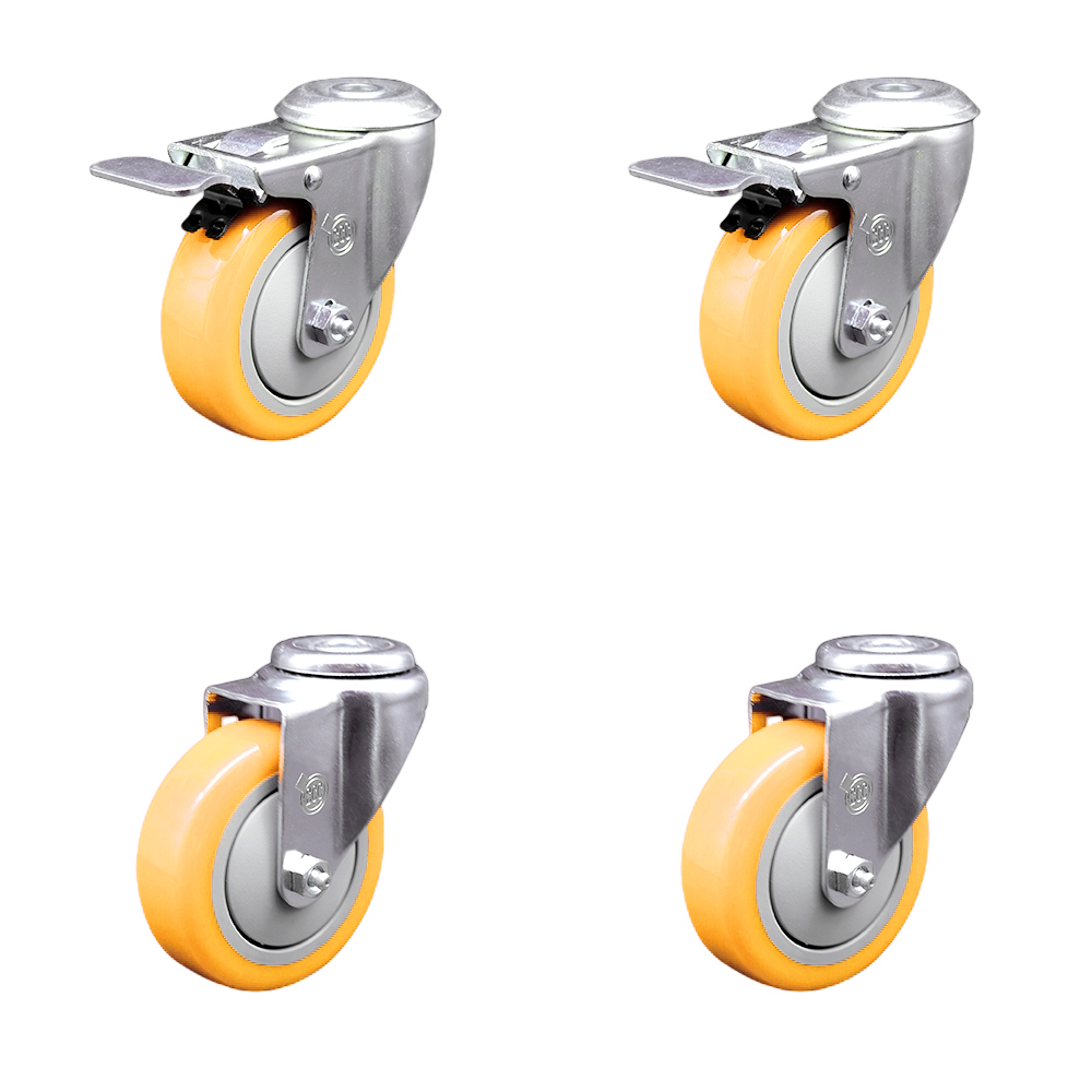 Stainless Steel Polyurethane Swivel Bolt Hole Caster Set of 4 w/4" x 1.25"  Yellow Wheels - Includes 2 with Total Locking Brakes - 1400 lbs Total Capacity - Service Caster Brand — photo 1