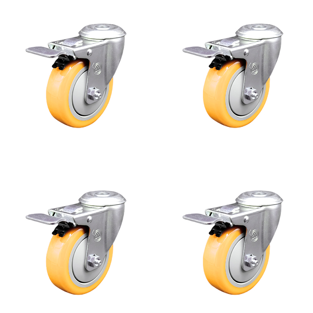 Stainless Steel Polyurethane Swivel Bolt Hole Caster Set of 4 w/4" x 1.25" Yellow Wheels - Includes 4 Swivel with Total Lock Brakes - 1400 lbs Total Capacity - Service Caster Brand — photo 1