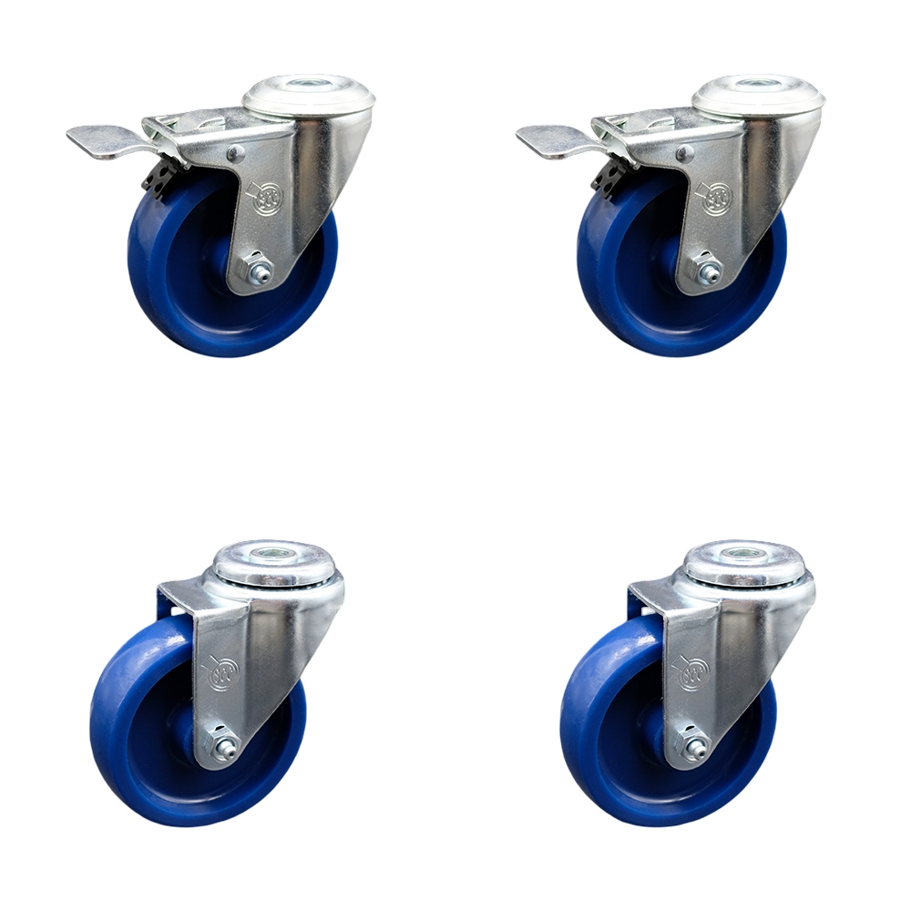 Stainless Steel Solid Polyurethane Swivel Bolt Hole Caster Set of 4 w/4" x 1.25" Blue Wheels - Includes 2 with Total Locking Brakes - 1200 lbs Total Capacity - Service Caster Brand — photo 1