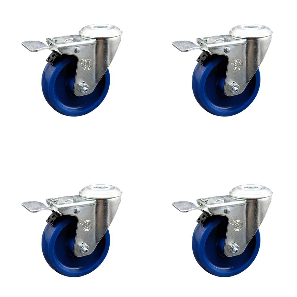 Stainless Steel Solid Polyurethane Swivel Bolt Hole Caster Set of 4 w/4" x 1.25" Blue Wheels - Includes 4 Swivel with Total Lock Brakes - 1200 lbs Total Capacity - Service Caster Brand — photo 1