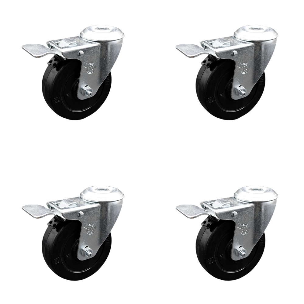 Stainless Steel Soft Rubber Swivel Bolt Hole Caster Set of 4 w/4" x 1.25" Black Wheels - Includes 4 Swivel with Total Lock Brakes - 800 lbs Total Capacity - Service Caster Brand — photo 1