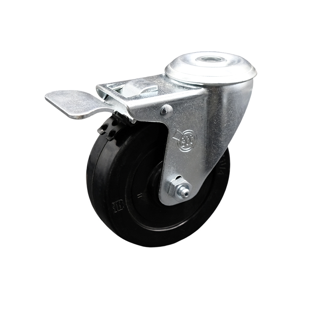 Stainless Steel Soft Rubber Swivel Bolt Hole Caster w/4" x 1.25" Black Wheel & Total Locking Brake - 200 lbs Capacity/Caster - Service Caster Brand — photo 1