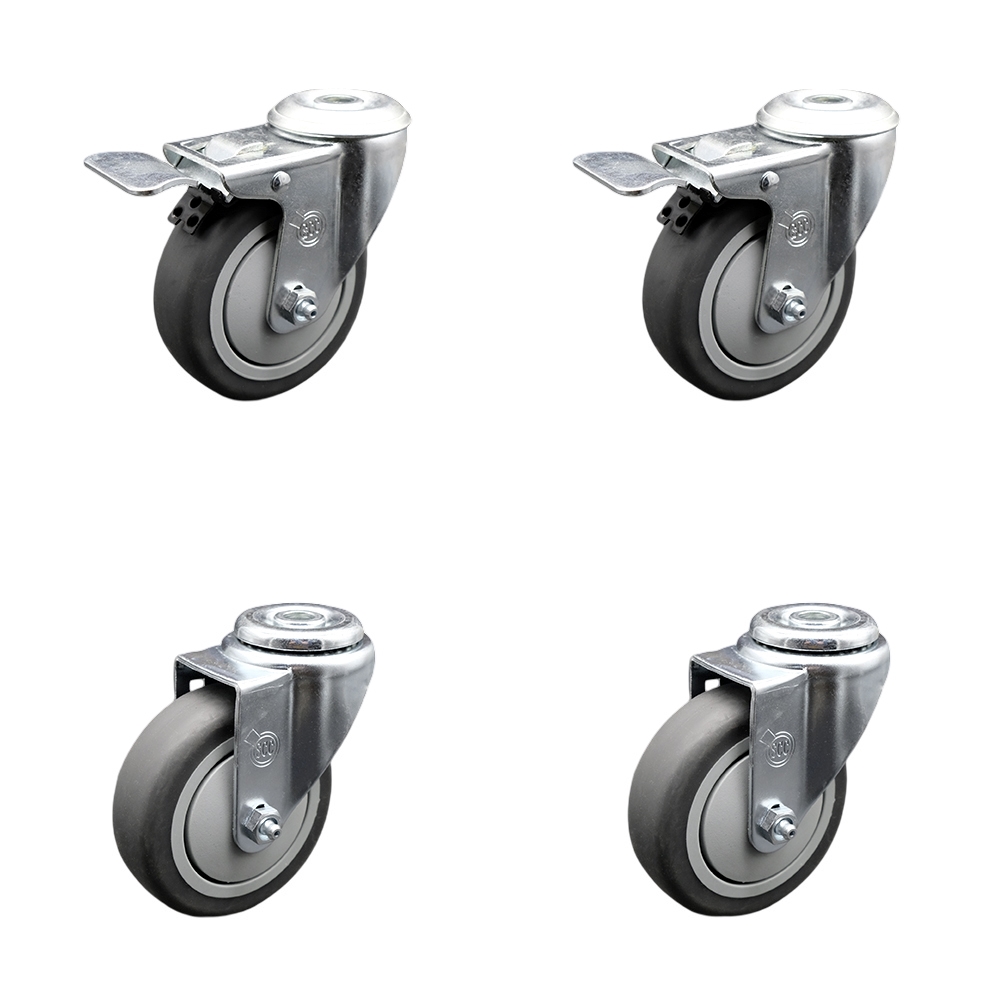 Stainless Steel Thermoplastic Rubber Swivel Bolt Hole Caster Set of 4 - 4" x 1.25" Gray Wheels - Includes 2 with Total Locking Brakes - 1,000 lbs Total Capacity - Service Caster Brand — photo 1