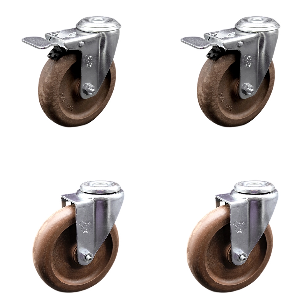 Stainless Steel High Temp Glass Filled Nylon Swivel Bolt Hole Caster Set of 4 w/5" x 1.25" Brown Wheels - Includes 2 with Total Locking Brakes - 1400 lbs Total Capacity - Service Caster Brand — photo 1