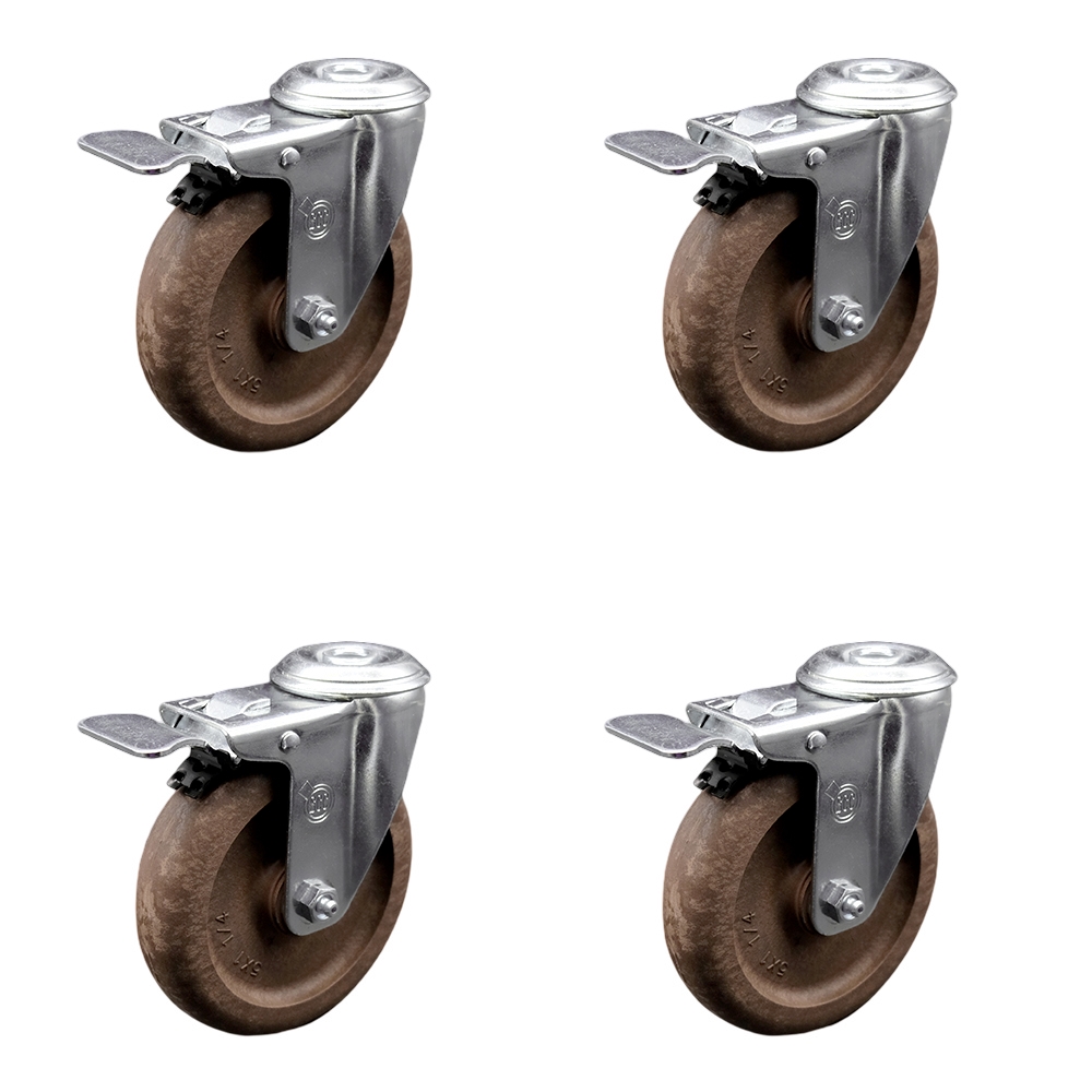 Stainless Steel High Temp Glass Filled Nylon Swivel Bolt Hole Caster Set of 4 w/5" x 1.25" Brown Wheels - Includes 4 Swivel with Total Lock Brakes - 1400 lbs Total Capacity - Service Caster Brand — photo 1
