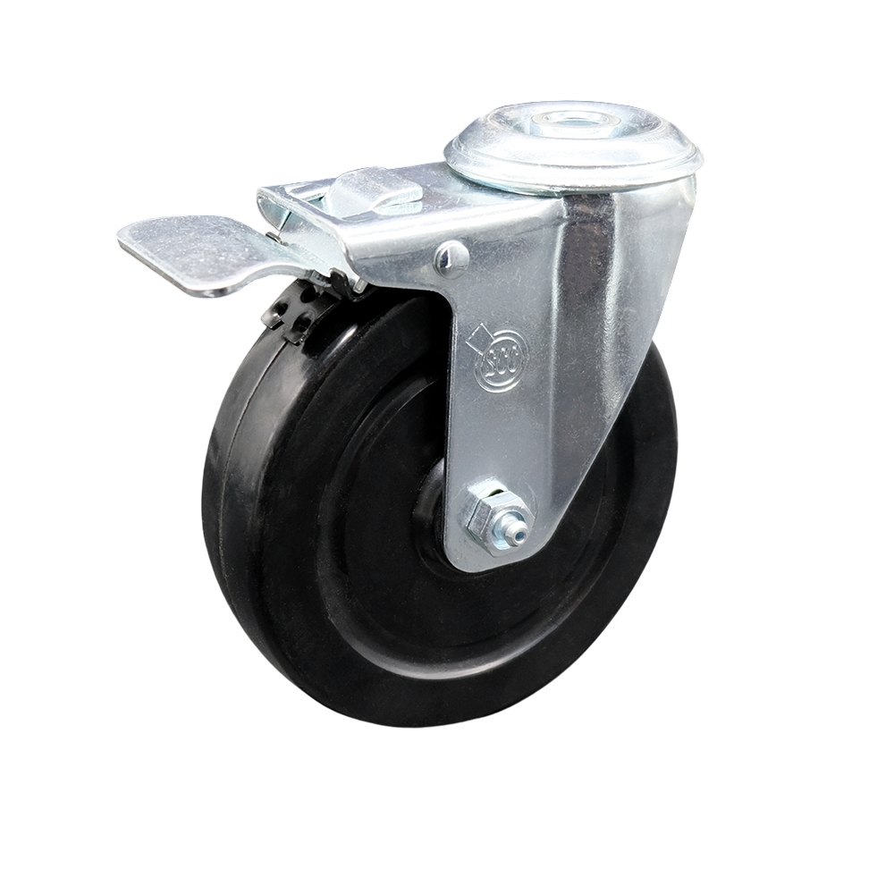 Stainless Steel Hard Rubber Swivel Bolt Hole Caster w/5" x 1.25" Black Wheel & Total Locking Brake - 300 lbs Capacity/Caster - Service Caster Brand — photo 1