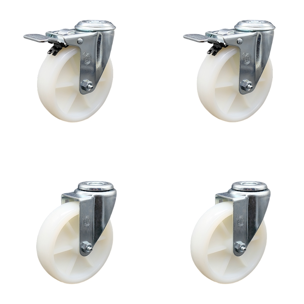 Stainless Steel Nylon Swivel Bolt Hole Caster Set of 4 w/5" x 1.25" White Wheels - Includes 2 with Total Locking Brakes - 1200 lbs Total Capacity - Service Caster Brand — photo 1