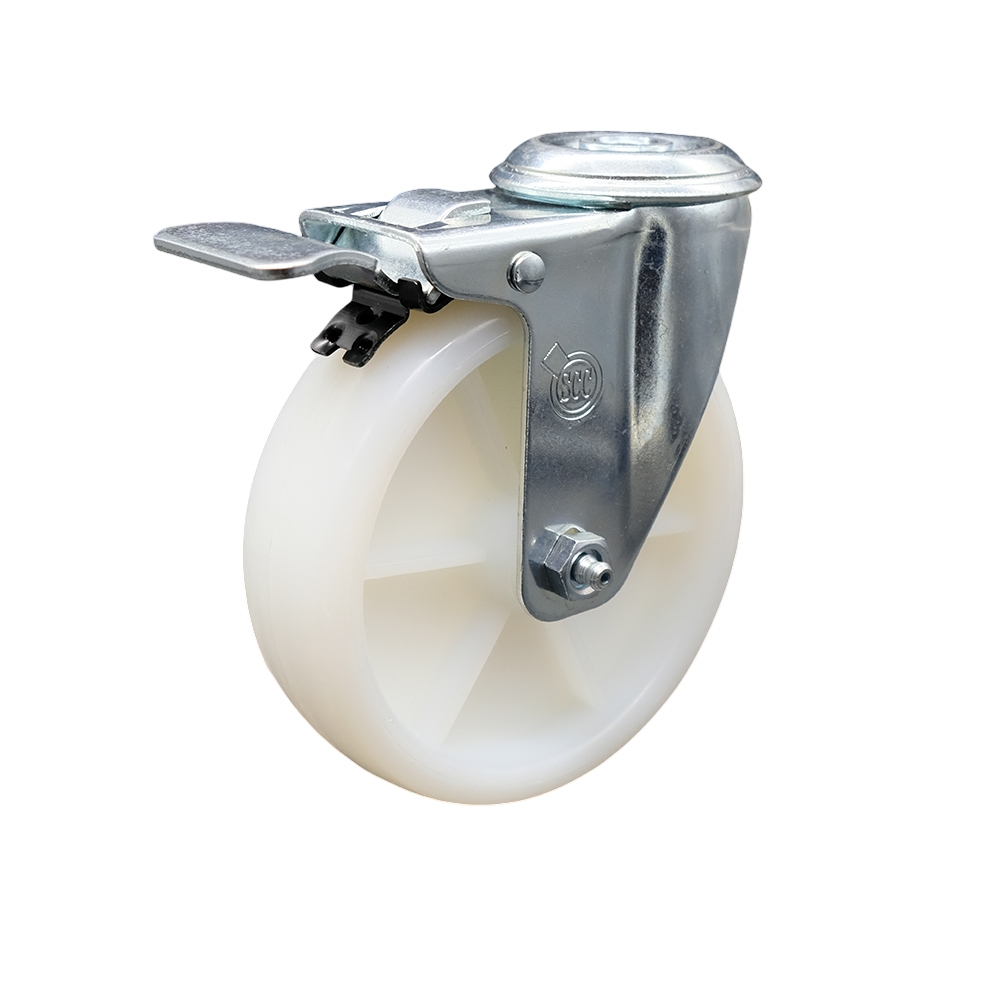 Stainless Steel Nylon Swivel Bolt Hole Caster w/5" x 1.25" White Wheel & Total Locking Brake - 300 lbs Capacity/Caster - Service Caster Brand — photo 1