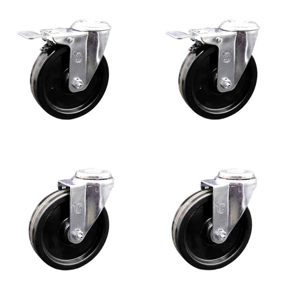 Stainless Steel Phenolic Swivel Bolt Hole Caster Set of 4 w/5" x 1.25" Black Wheels - Includes 2 with Total Locking Brakes - 1200 lbs Total Capacity - Service Caster Brand — photo 1