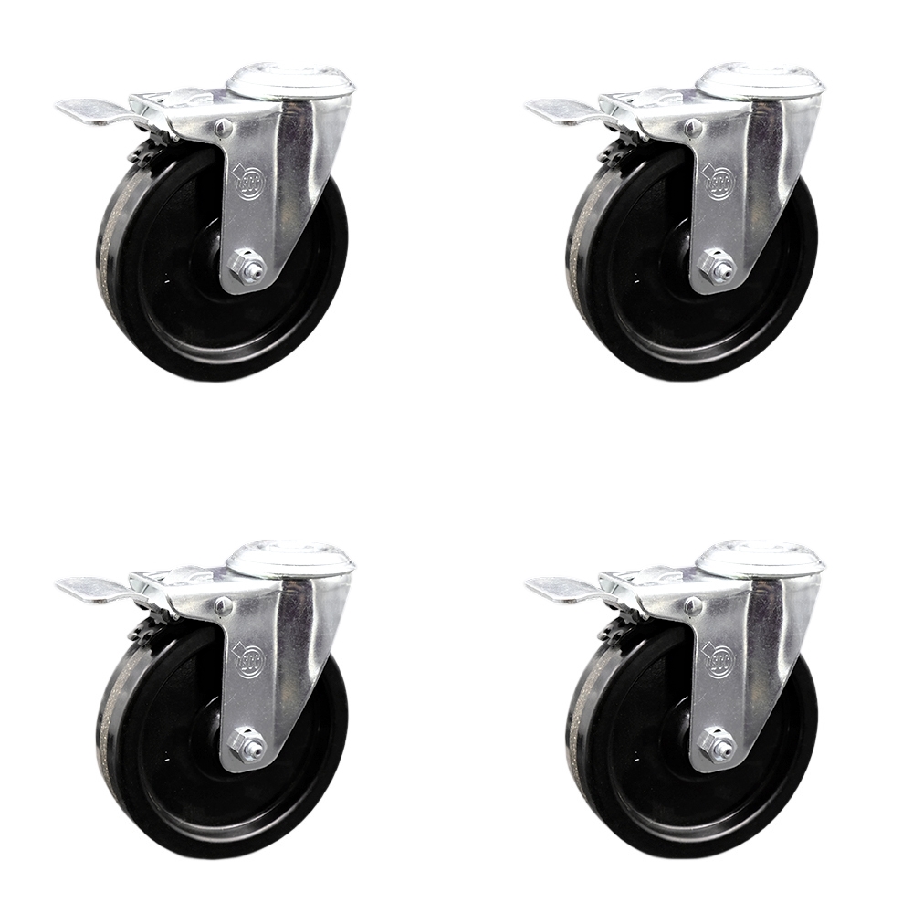 Stainless Steel Phenolic Swivel Bolt Hole Caster Set of 4 w/5" x 1.25" Black Wheels - Includes 4 Swivel with Total Lock Brakes - 1200 lbs Total Capacity - Service Caster Brand — photo 1