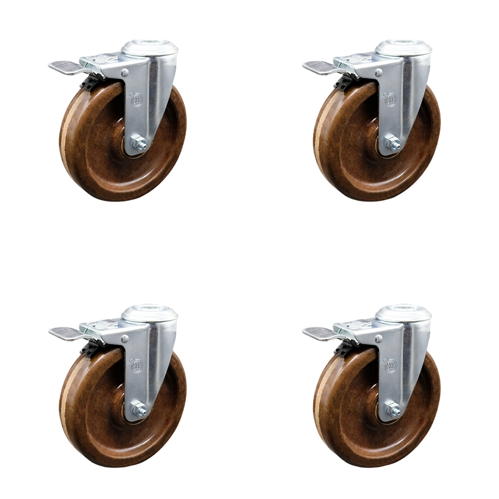 Stainless Steel High Temperature Phenolic Swivel Bolt Hole Caster Set of 4 w/5" x 1.25" Brown Wheels - Includes 4 Swivel with Total Lock Brakes - 1200 lbs Total Capacity - Service Caster Brand — photo 1
