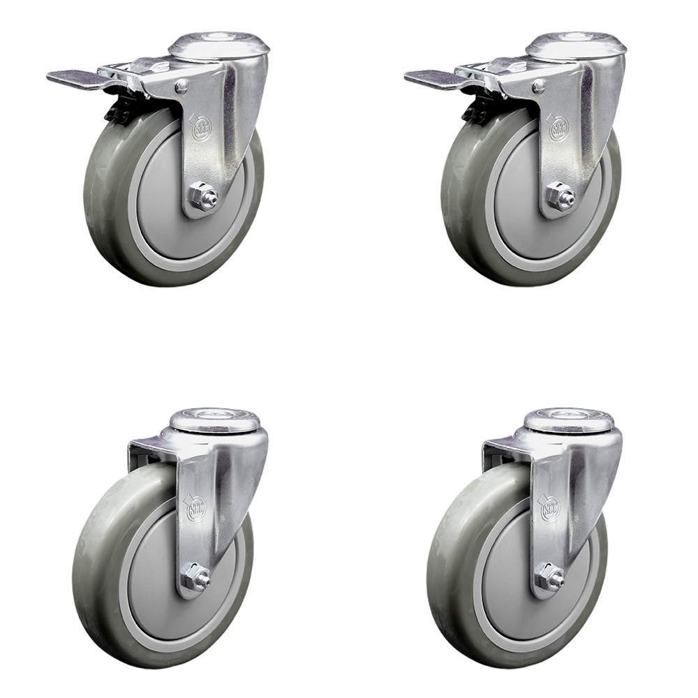 Stainless Steel Polyurethane Swivel Bolt Hole Caster Set of 4 w/5" x 1.25"  Gray Wheels - Includes 2 with Total Locking Brakes - 1400 lbs Total Capacity - Service Caster Brand — photo 1