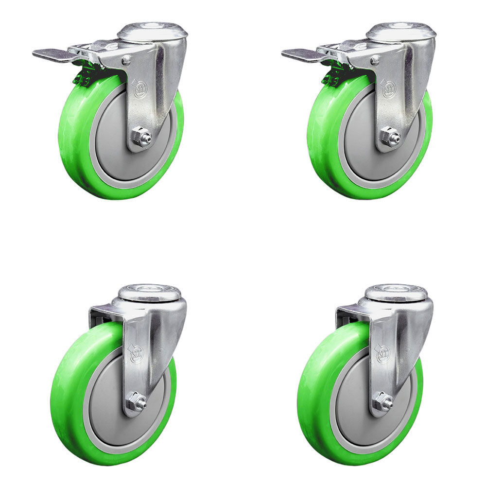 Stainless Steel Polyurethane Swivel Bolt Hole Caster Set of 4 w/5" x 1.25" Green Wheels - Includes 2 with Total Locking Brakes - 1400 lbs Total Capacity - Service Caster Brand — photo 1