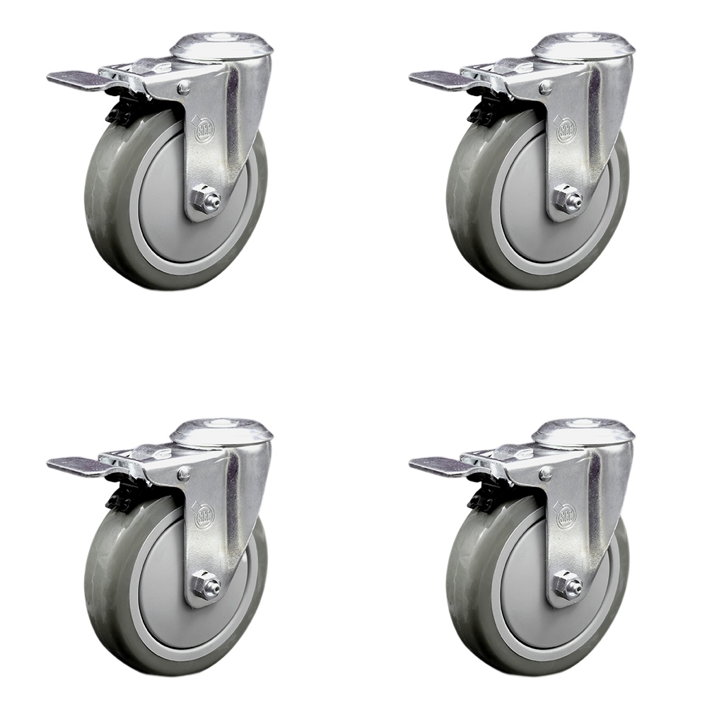 Stainless Steel Polyurethane Swivel Bolt Hole Caster Set of 4 w/5" x 1.25" Gray Wheels - Includes 4 Swivel with Total Lock Brakes - 1400 lbs Total Capacity - Service Caster Brand — photo 1