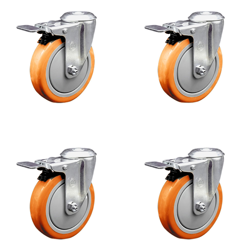 Stainless Steel Polyurethane Swivel Bolt Hole Caster Set of 4 w/5" x 1.25" Orange Wheels - Includes 4 Swivel with Total Lock Brakes - 1400 lbs Total Capacity - Service Caster Brand — photo 1