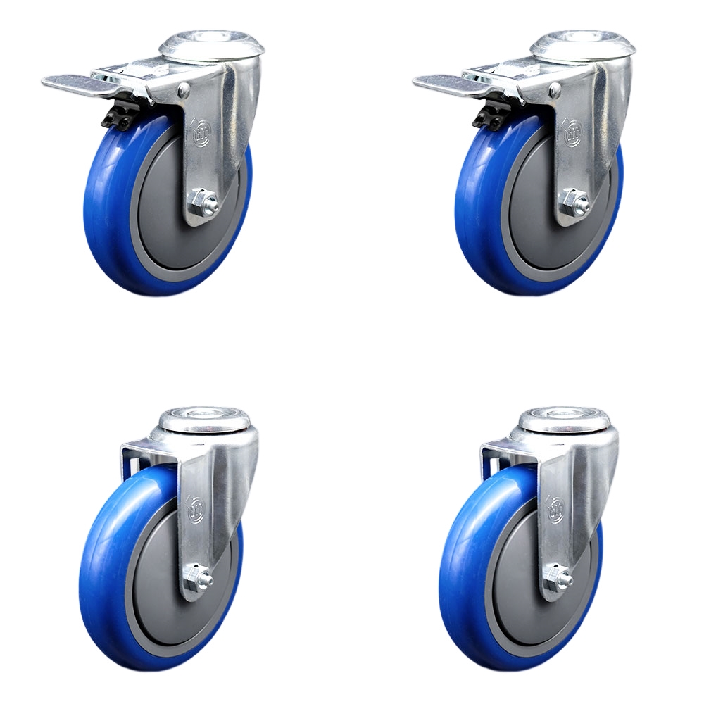 Stainless Steel Polyurethane Swivel Bolt Hole Caster Set of 4 w/5" x 1.25" Blue Wheels - Includes 2 with Total Locking Brakes - 1400 lbs Total Capacity - Service Caster Brand — photo 1