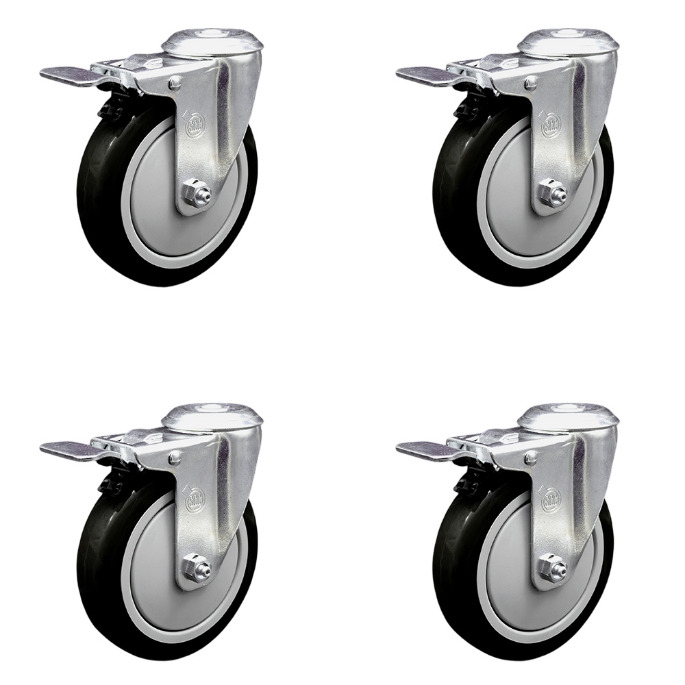Stainless Steel Polyurethane Swivel Bolt Hole Caster Set of 4 w/5" x 1.25" Black Wheels - Includes 4 Swivel with Total Lock Brakes - 1400 lbs Total Capacity - Service Caster Brand — photo 1