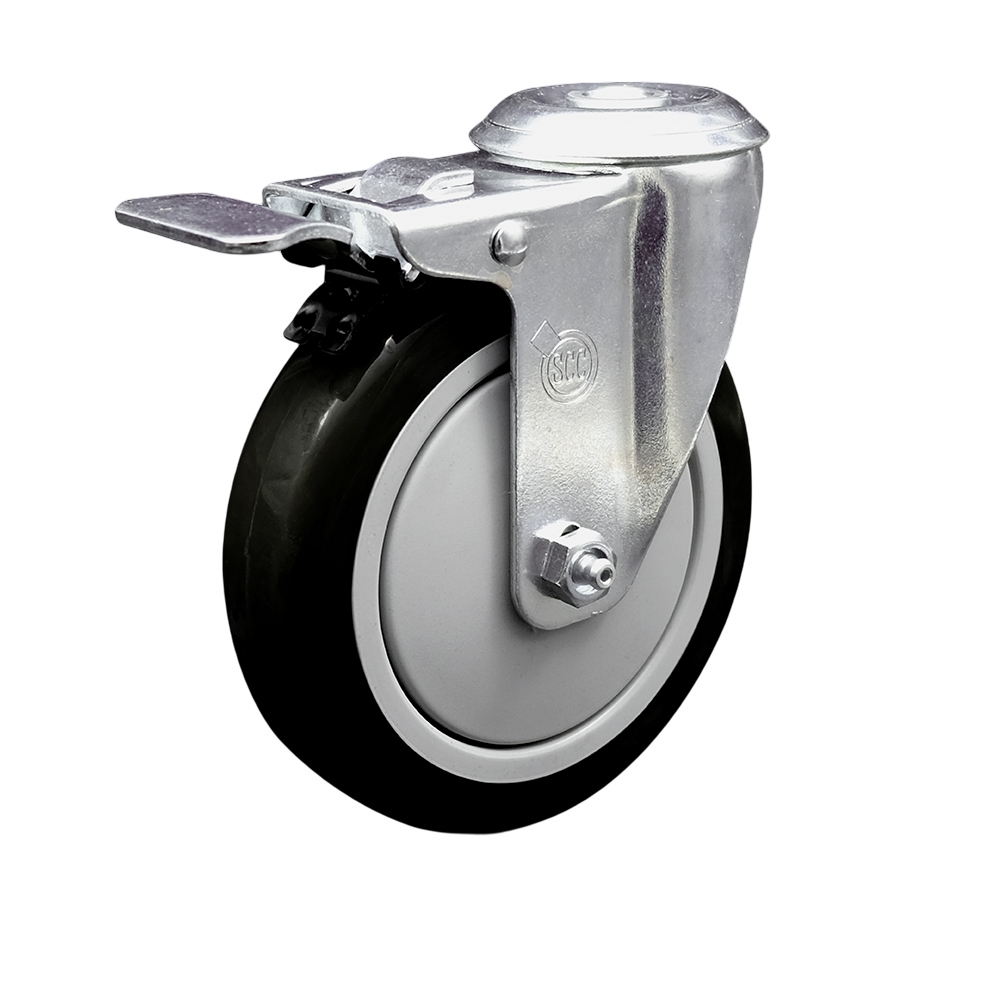 Stainless Steel Polyurethane Swivel Bolt Hole Caster w/5" x 1.25"  Black Wheel & Total Locking Brake - 350 lbs Capacity/Caster - Service Caster Brand — photo 1