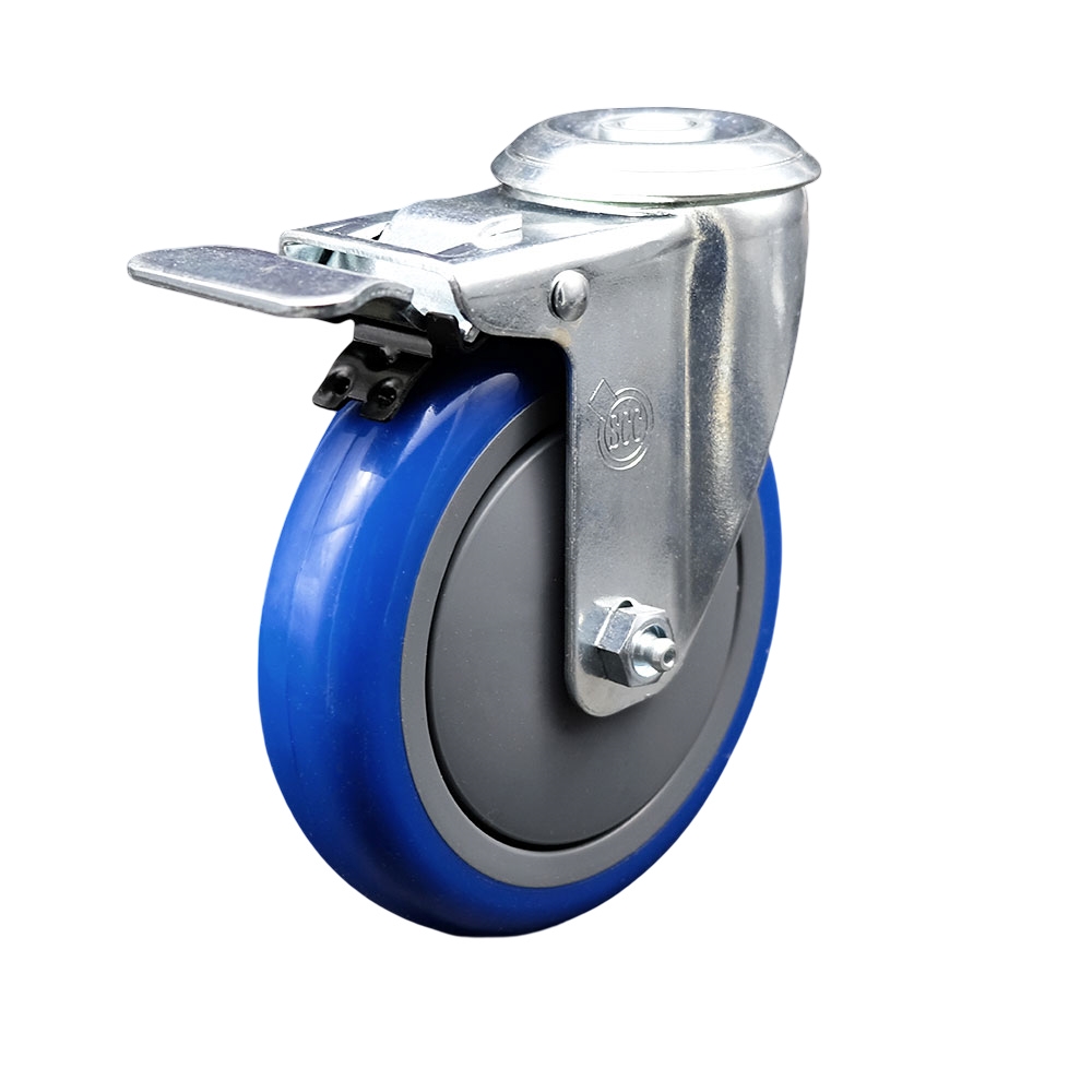 Stainless Steel Polyurethane Swivel Bolt Hole Caster w/5" x 1.25"  Blue Wheel & Total Locking Brake - 350 lbs Capacity/Caster - Service Caster Brand — photo 1