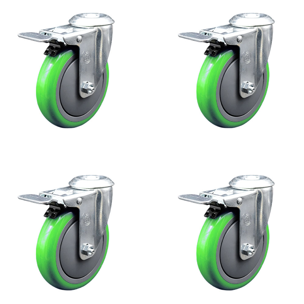 Stainless Steel Polyurethane Swivel Bolt Hole Caster Set of 4 w/5" x 1.25" Green Wheels - Includes 4 Swivel with Total Lock Brakes - 1400 lbs Total Capacity - Service Caster Brand — photo 1