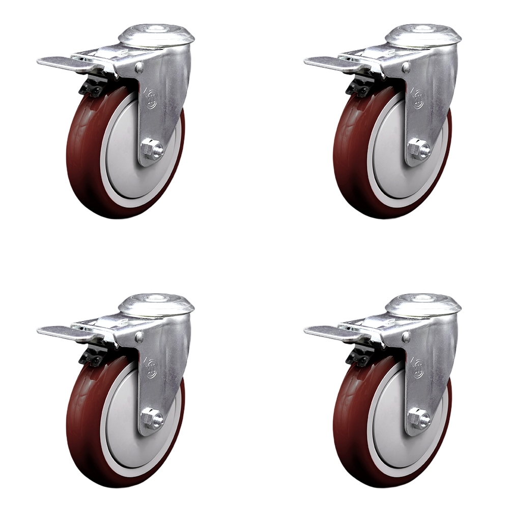 Stainless Steel Polyurethane Swivel Bolt Hole Caster Set of 4 w/5" x 1.25" Maroon Wheels - Includes 4 Swivel with Total Lock Brakes - 1400 lbs Total Capacity - Service Caster Brand — photo 1