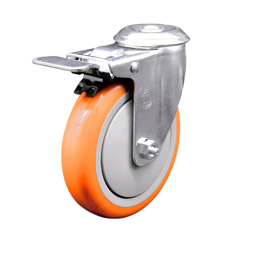 Stainless Steel Polyurethane Swivel Bolt Hole Caster w/5" x 1.25"  Orange Wheel & Total Locking Brake - 350 lbs Capacity/Caster - Service Caster Brand — photo 1