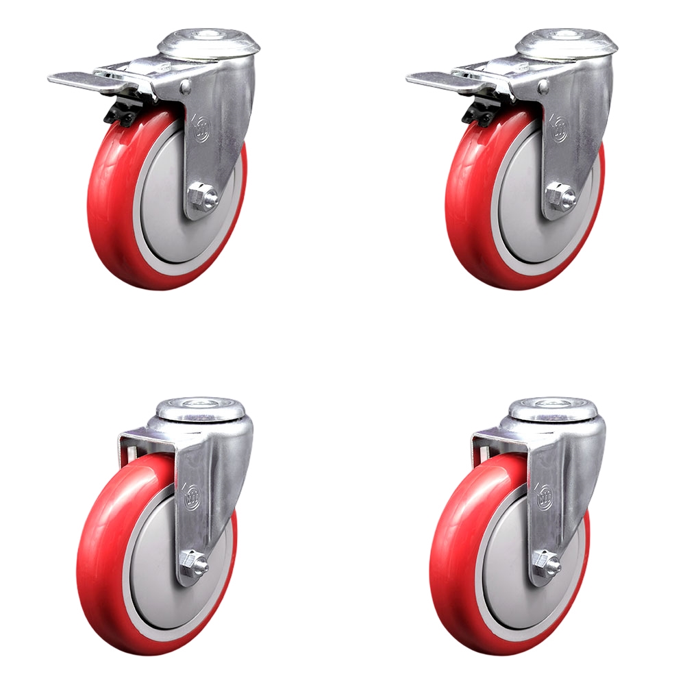 Stainless Steel Polyurethane Swivel Bolt Hole Caster Set of 4 w/5" x 1.25"  Red Wheels - Includes 2 with Total Locking Brakes - 1400 lbs Total Capacity - Service Caster Brand — photo 1