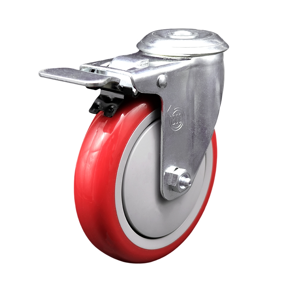 Stainless Steel Polyurethane Swivel Bolt Hole Caster w/5" x 1.25"  Red Wheel & Total Locking Brake - 350 lbs Capacity/Caster - Service Caster Brand — photo 1