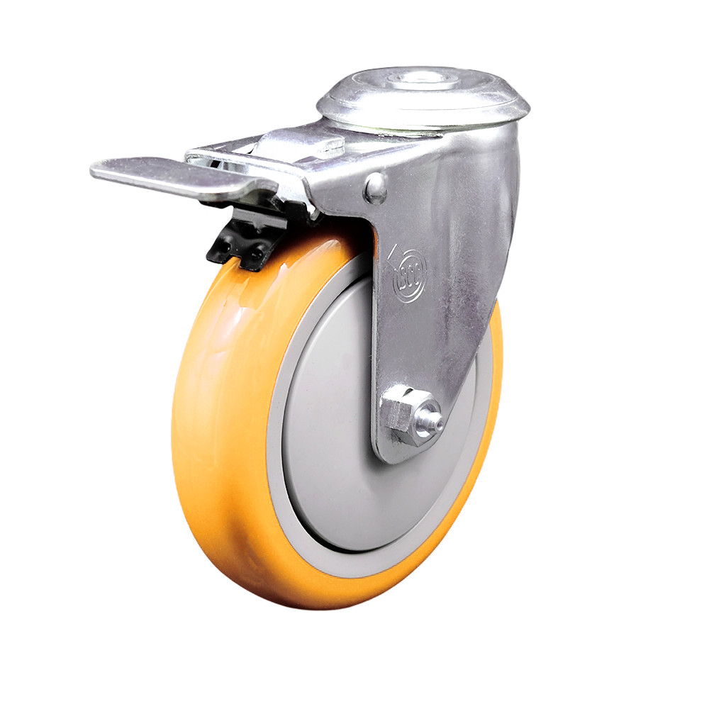 Stainless Steel Polyurethane Swivel Bolt Hole Caster w/5" x 1.25"  Yellow Wheel & Total Locking Brake - 350 lbs Capacity/Caster - Service Caster Brand — photo 1