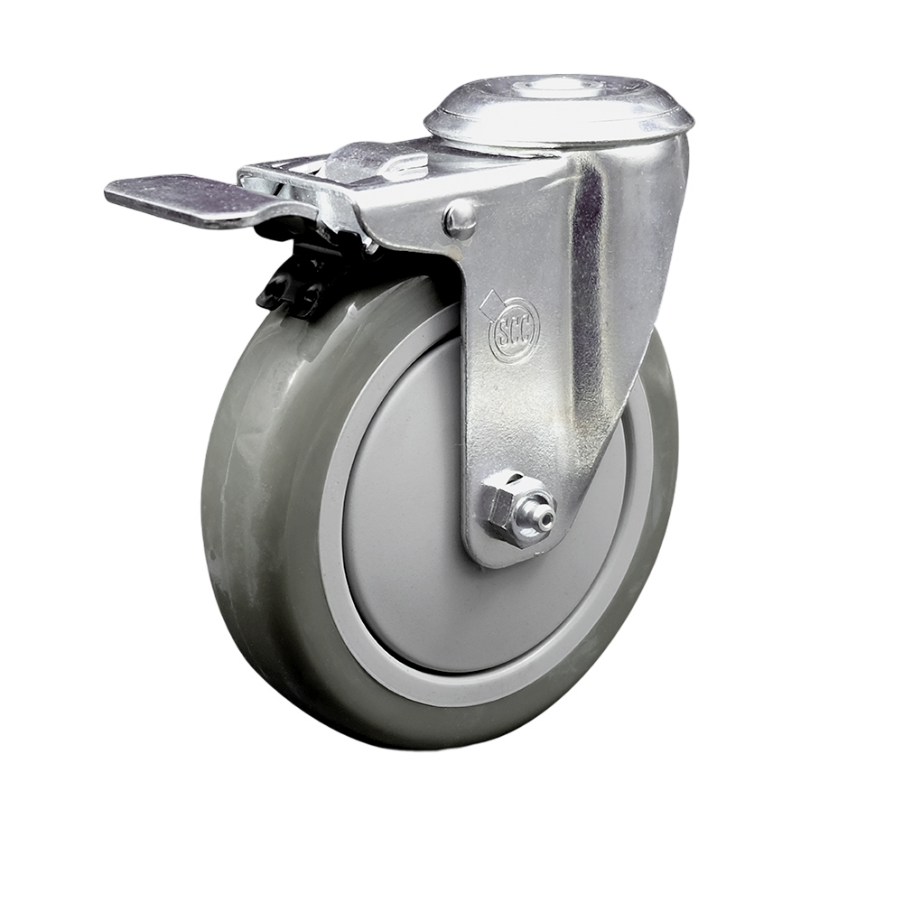 Stainless Steel Polyurethane Swivel Bolt Hole Caster w/5" x 1.25"  Gray Wheel & Total Locking Brake - 350 lbs Capacity/Caster - Service Caster Brand — photo 1