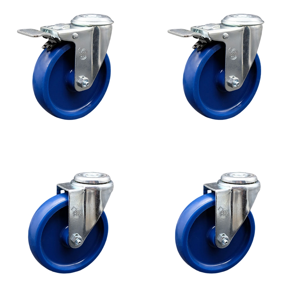 Stainless Steel Solid Polyurethane Swivel Bolt Hole Caster Set of 4 w/5" x 1.25" Blue Wheels - Includes 2 with Total Locking Brakes - 1200 lbs Total Capacity - Service Caster Brand — photo 1
