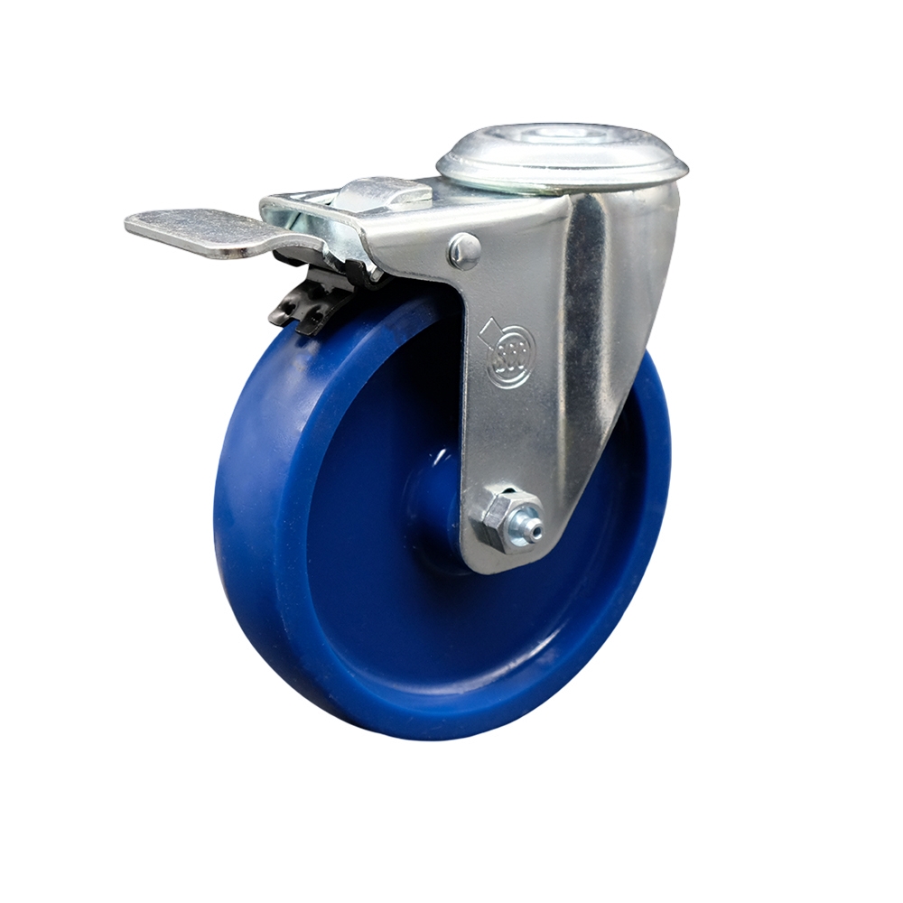 Stainless Steel Solid Polyurethane Swivel Bolt Hole Caster w/5" x 1.25" Blue Wheel & Total Locking Brake - 300 lbs Capacity/Caster - Service Caster Brand — photo 1