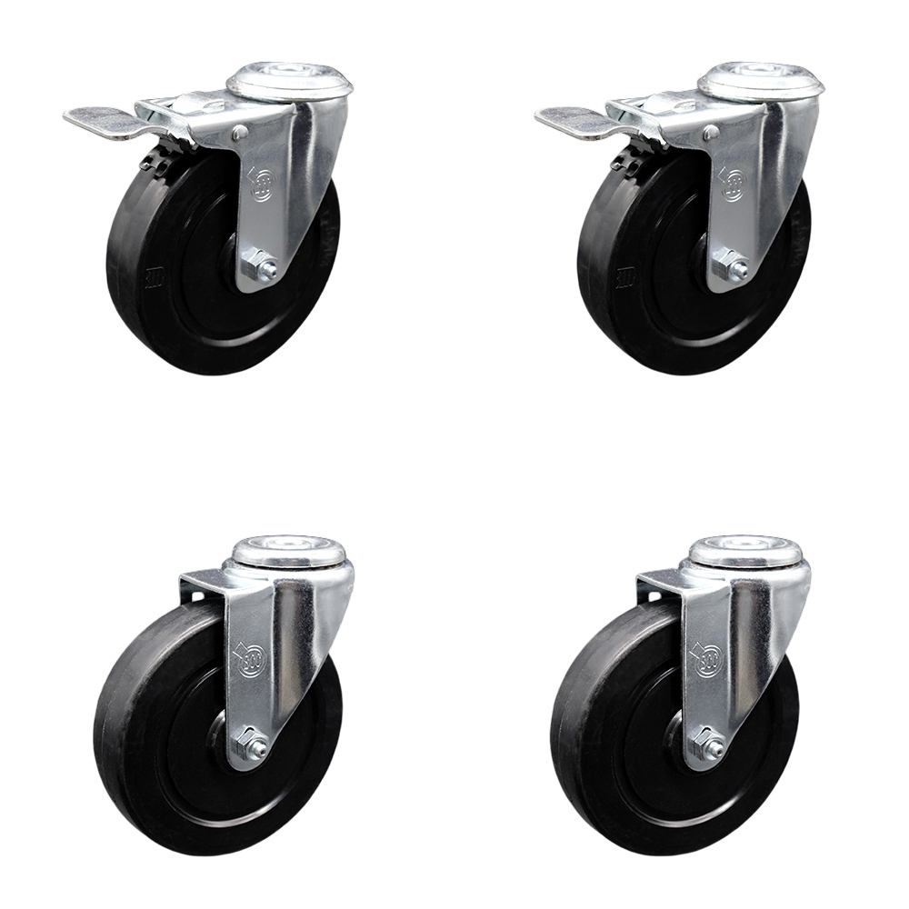 Stainless Steel Soft Rubber Swivel Bolt Hole Caster Set of 4 w/5" x 1.25" Black Wheels - Includes 2 with Total Locking Brakes - 1100 lbs Total Capacity - Service Caster Brand — photo 1