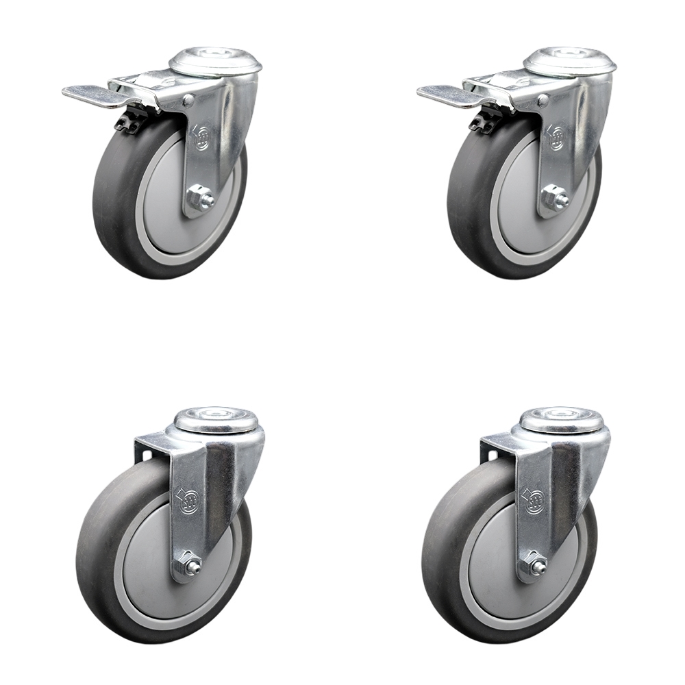 Stainless Steel Thermoplastic Rubber Swivel Bolt Hole Caster Set of 4 - 5" x 1.25" Gray Wheels - Includes 2 with Total Locking Brakes - 1,200 lbs Total Capacity - Service Caster Brand — photo 1