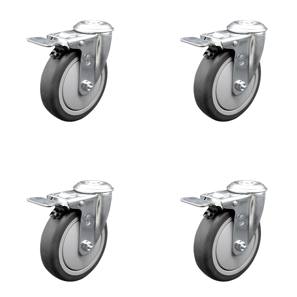 Stainless Steel Thermoplastic Rubber Swivel Bolt Hole Caster Set of 4 w/5" x 1.25" Gray Wheels - Includes 4 Swivel with Total Lock Brakes - 1200 lbs Total Capacity - Service Caster Brand — photo 1