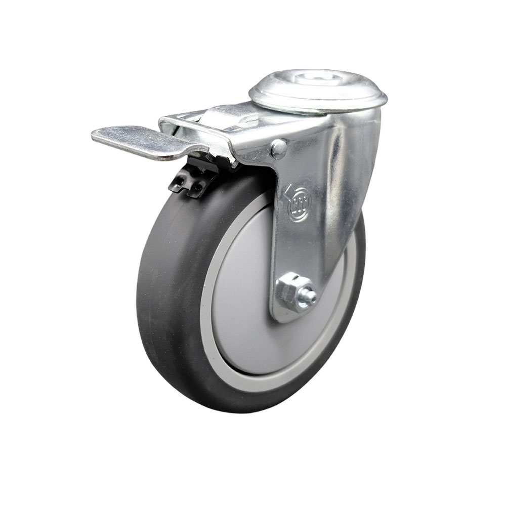 Stainless Steel Thermoplastic Rubber Swivel Bolt Hole Caster - 5" x 1.25" Gray Wheel & Total Locking Brake - 300 lbs Capacity/Caster - Service Caster Brand — photo 1