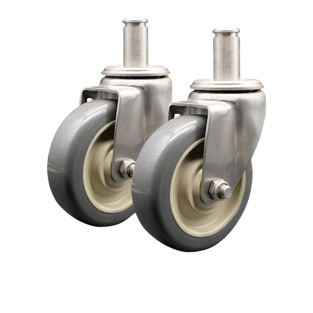Marquipt Sea Stair Stainless Swivel Caster Replacements – 4” Gray Polyurethane Wheels – .845” x 2-3/16” Grip Ring Stems – Grip Rings Included – 600 lbs Total Capacity – Set of 2 – Service Caster Brand — photo 1