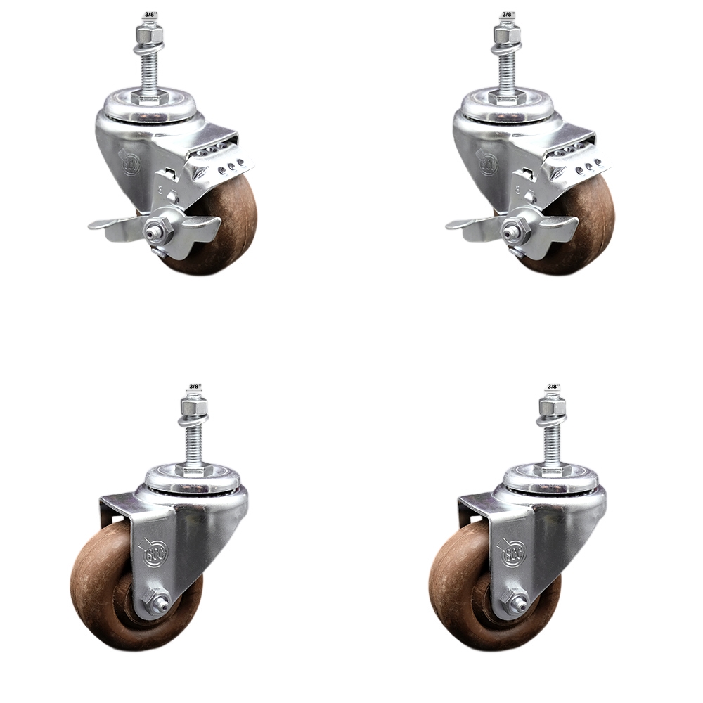Stainless Steel High Temp Glass Filled Nylon Swivel Threaded Stem Caster Set 4 w/3" x 1.25" Brown Wheels and 3/8" Stems - Includes 2 with Top Locking Brake-1400 lbs Total Capacity-Service Caster Brand — photo 1
