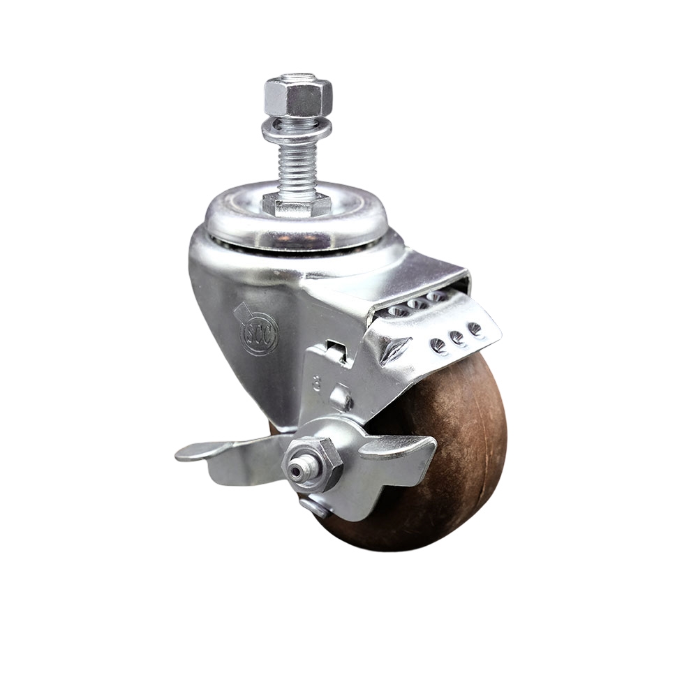 Stainless Steel High Temp Glass Filled Nylon Swivel Threaded Stem Caster w/3" x 1.25" Brown Wheel and 1/2" Stem & Top Locking Brake - 350 lbs Capacity/Caster - Service Caster Brand — photo 1