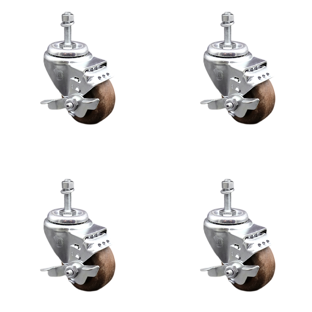 Stainless Steel High Temp Glass Filled Nylon Swivel Threaded Stem Caster Set of 4 w/3" x 1.25" Brown Wheels and 10mm Stems- Includes 4 with Top Lock Brakes-1400 lbs Total Capacity-Service Caster Brand — photo 1