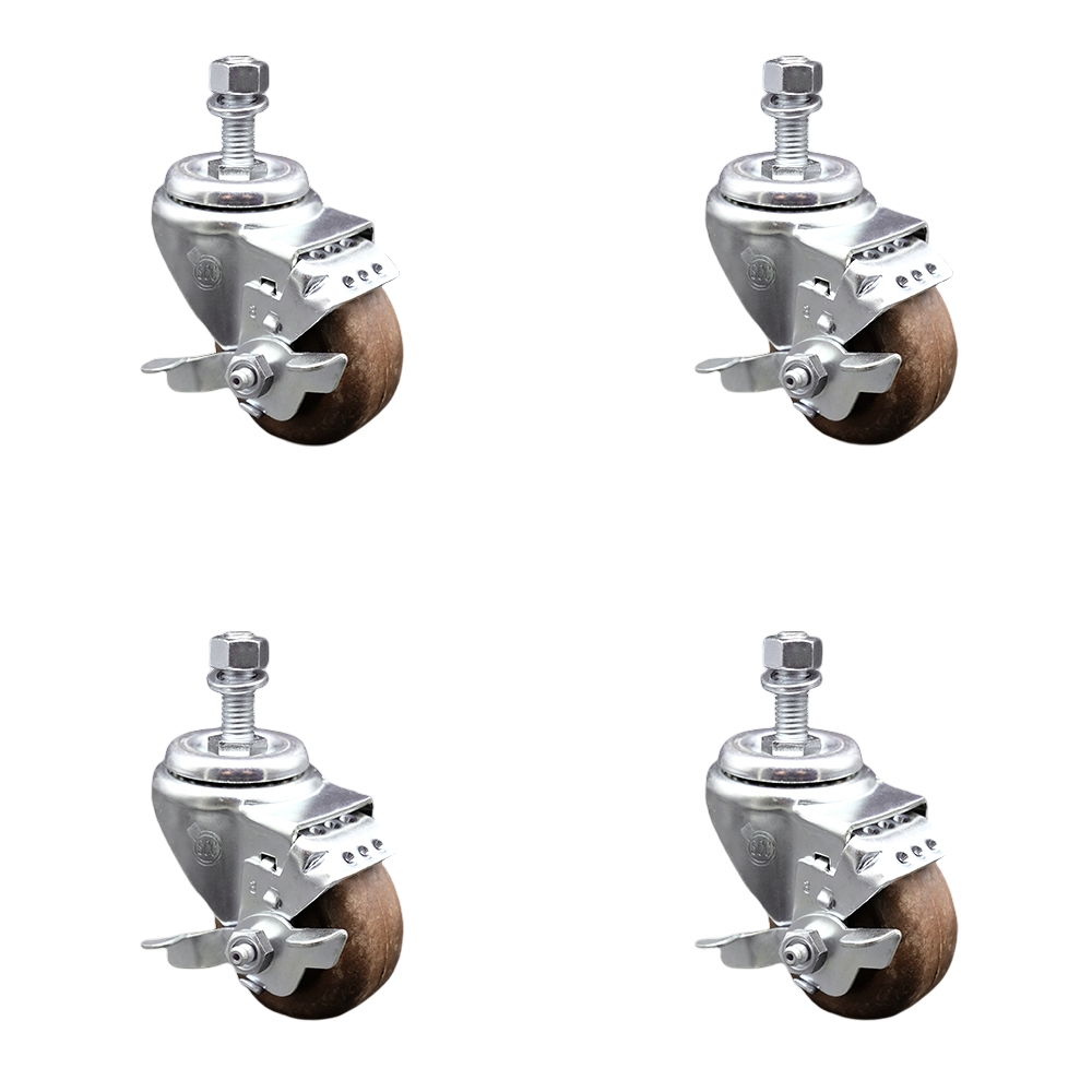 Stainless Steel High Temp Glass Filled Nylon Swivel Threaded Stem Caster Set of 4 w/3" x 1.25" Brown Wheels and 12mm Stems-Includes 4 with Top Lock Brakes-1400 lbs Total Capacity-Service Caster Brand — photo 1