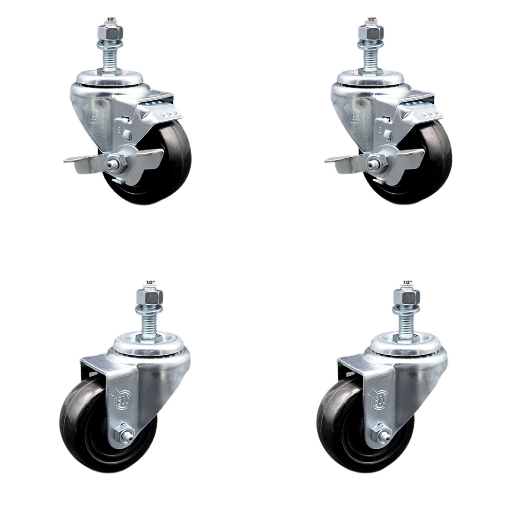 Stainless Steel Hard Rubber Swivel Threaded Stem Caster Set of 4 w/3" x 1.25" Black Wheels and 1/2" Stems - Includes 2 with Top Locking Brake - 1100 lbs Total Capacity - Service Caster Brand — photo 1
