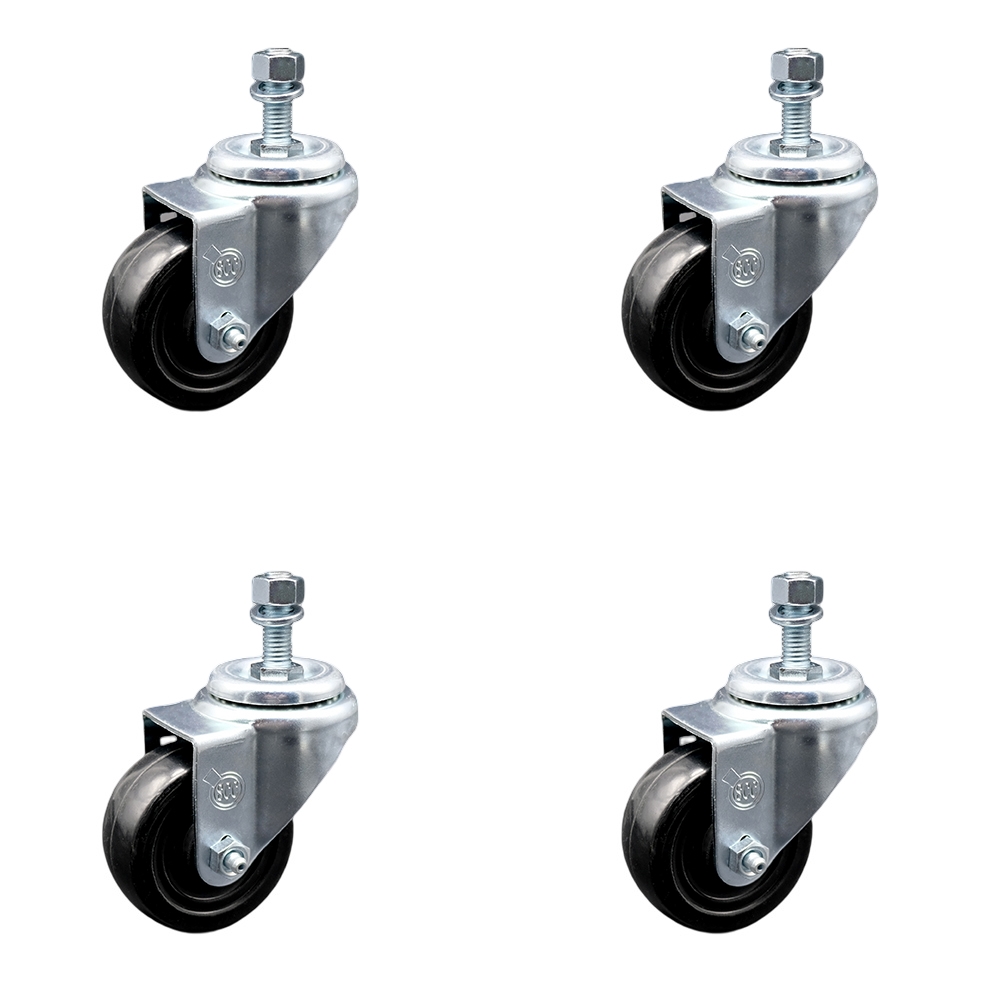 Stainless Steel Hard Rubber Swivel Threaded Stem Caster Set of 4 w/3" x 1.25" Black Wheels and 1/2" Stems - Includes 4 Swivel - 1100 lbs Total Capacity - Service Caster Brand — photo 1