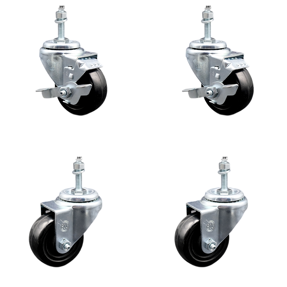 Stainless Steel Hard Rubber Swivel Threaded Stem Caster Set of 4 w/3" x 1.25" Black Wheels and 3/8" Stems - Includes 2 with Top Locking Brake - 1100 lbs Total Capacity - Service Caster Brand — photo 1
