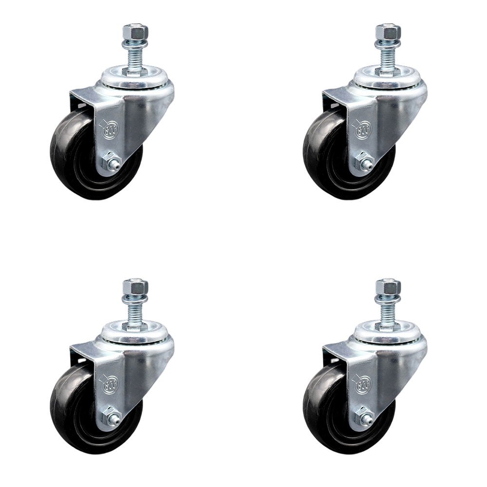 Stainless Steel Hard Rubber Swivel Threaded Stem Caster Set of 4 w/3" x 1.25" Black Wheels and 3/8" Stems - Includes 4 Swivel - 1100 lbs Total Capacity - Service Caster Brand — photo 1