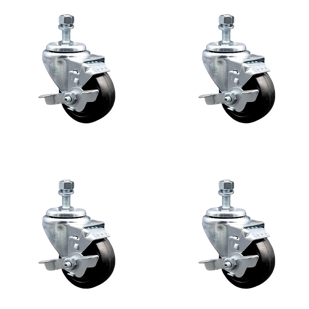 Stainless Steel Hard Rubber Swivel Threaded Stem Caster Set of 4 w/3" x 1.25" Black Wheels and 10mm Stems - Includes 4 with Top Lock Brakes - 1100 lbs Total Capacity - Service Caster Brand — photo 1