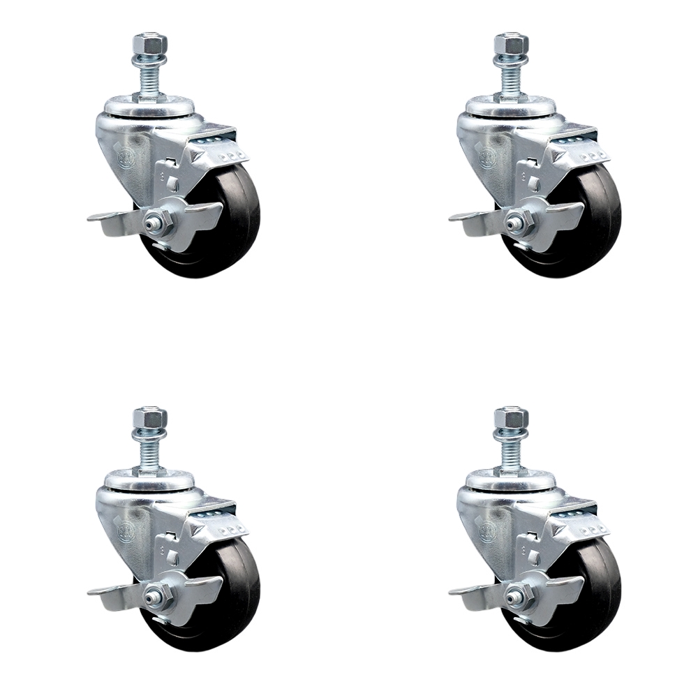Stainless Steel Hard Rubber Swivel Threaded Stem Caster Set of 4 w/3" x 1.25" Black Wheels and 12mm Stems - Includes 4 with Top Lock Brakes - 1100 lbs Total Capacity - Service Caster Brand — photo 1